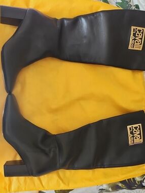 Cavalli Class Black Leather Knee-High Boots with Gold Logo Plaques